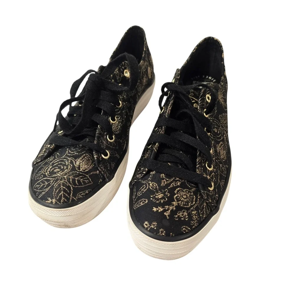 Keds Rifle Paper Co Floral Platform Sneakers‎ Black Gold Women's Size 6.5